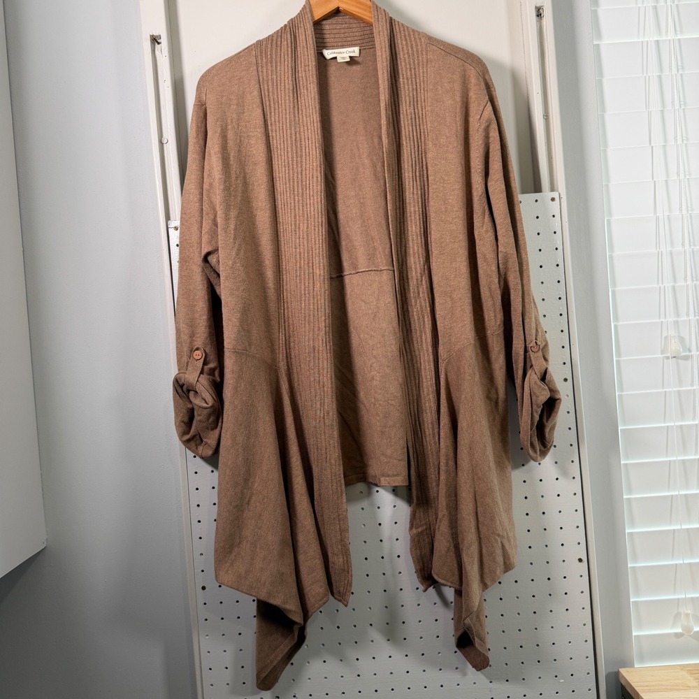 Coldwater Creek Women XL Brown Open Front Roll Tab Waterfall Cardigan Sweater